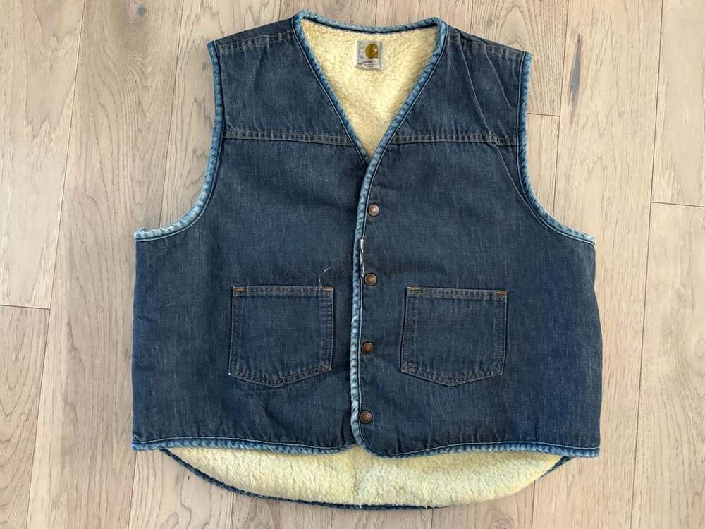 Vintage 70s Carhartt Denim Vest Size XL Sherpa Lined Blue
